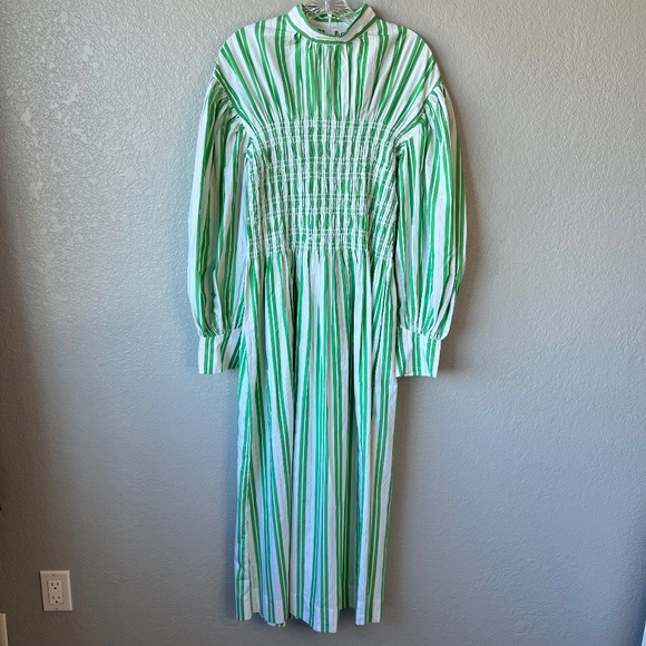 Ganni Balloon Sleeve Striped Cotton Dress with smocked middle - Picture 5 of 14